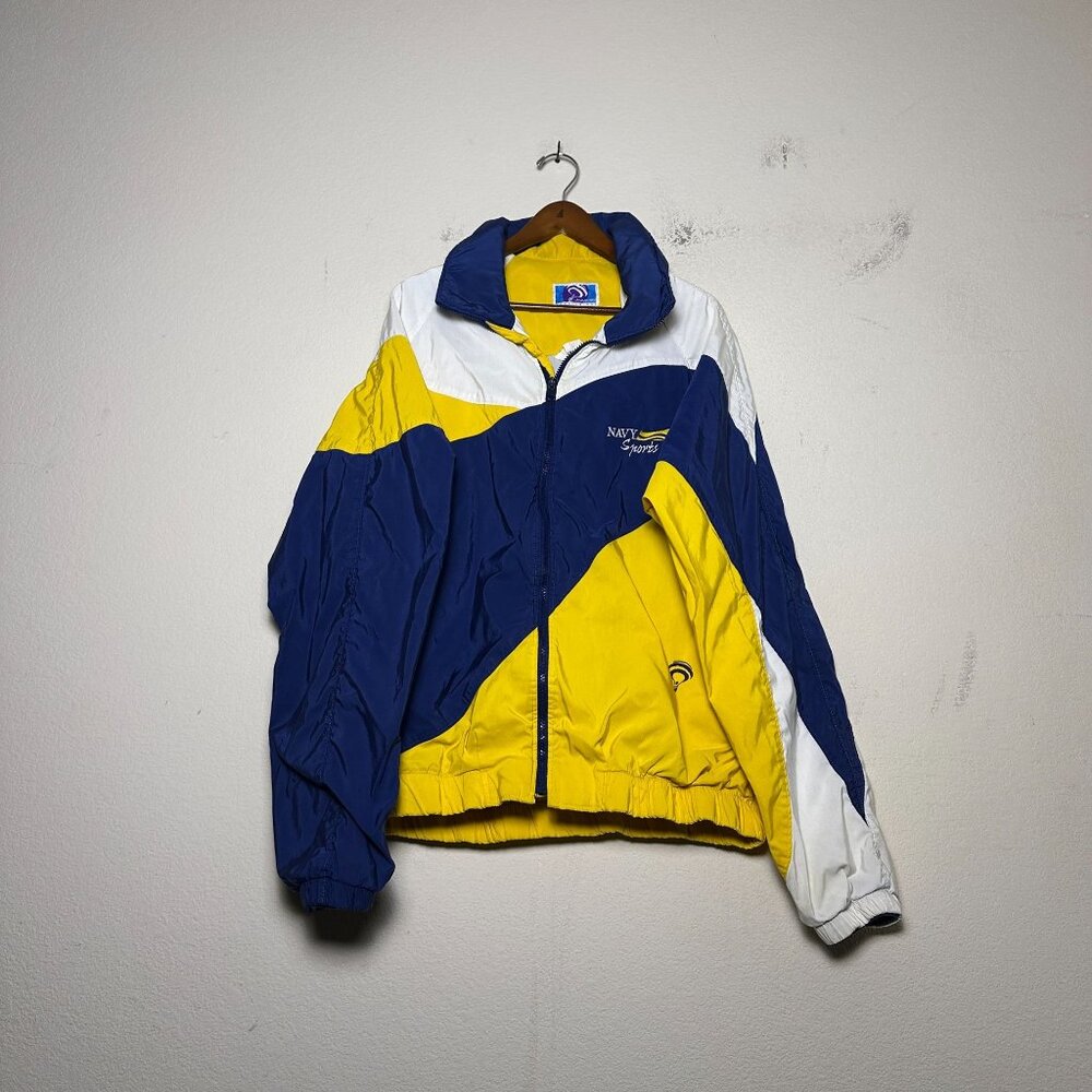 VTG Navy Jammin Military Windbreaker Bomber Jacket Men L Outerwear Yellow 90s
